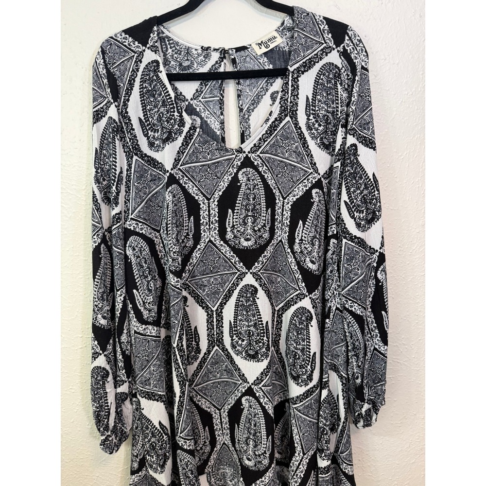 Show Me Your Mumu Black White Paisley Medallion V-Neck Mini Dress Small Boho
